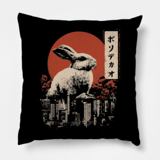 Giant Rabbit Japanese Surreal Bunny Kaiju Vintage Poster Pillow