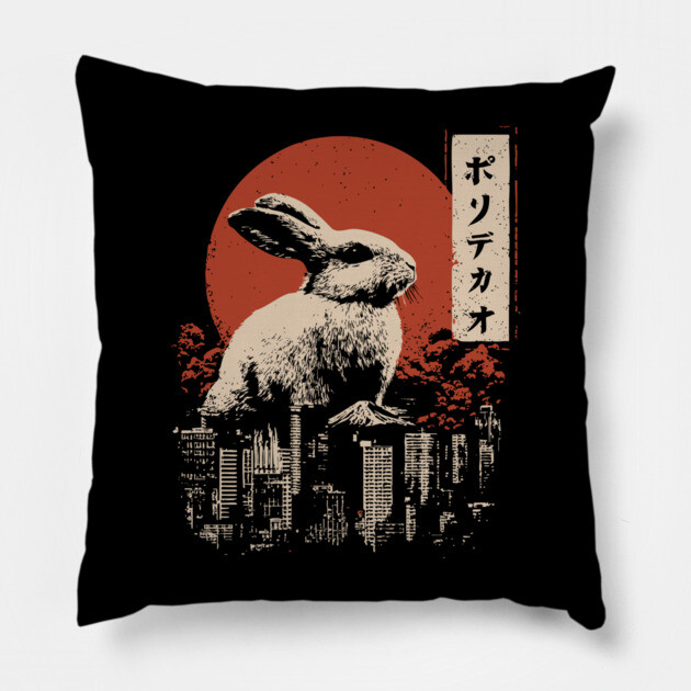 Giant Rabbit Japanese Surreal Bunny Kaiju Vintage Poster Pillow by TuncGK
