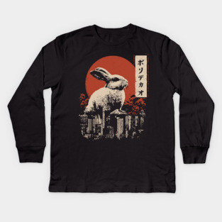 Giant Rabbit Japanese Surreal Bunny Kaiju Vintage Poster Kids Long Sleeve T-Shirt