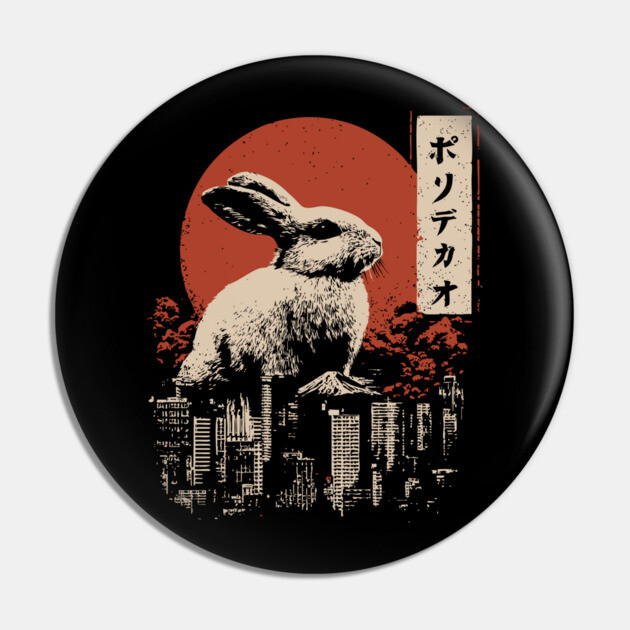 Giant Rabbit Japanese Surreal Bunny Kaiju Vintage Poster Pin by TuncGK