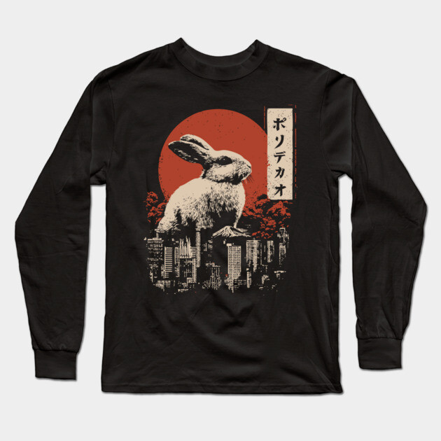 Giant Rabbit Japanese Surreal Bunny Kaiju Vintage Poster Long Sleeve T-Shirt by TuncGK