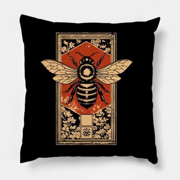 Gothic Honey Bee Japanese Insect Art Dark Pollinator Design Pillow by TuncGK