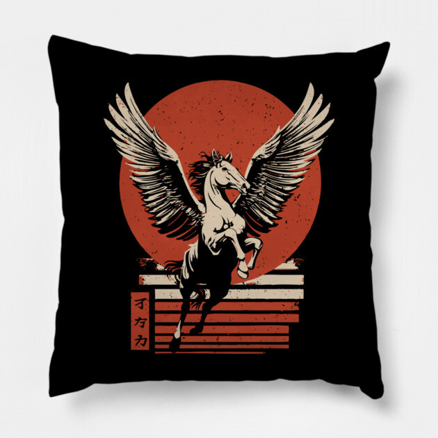 Winged Pegasus Japanese Mythology Vintage Fantasy Poster Art Pillow by TuncGK