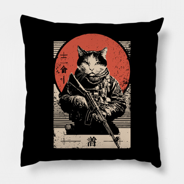 Samurai Sniper Cat Japanese Military Art Tactical Feline Poster Pillow by TuncGK