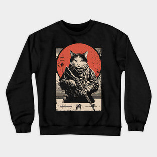 Samurai Sniper Cat Japanese Military Art Tactical Feline Poster Crewneck Sweatshirt
