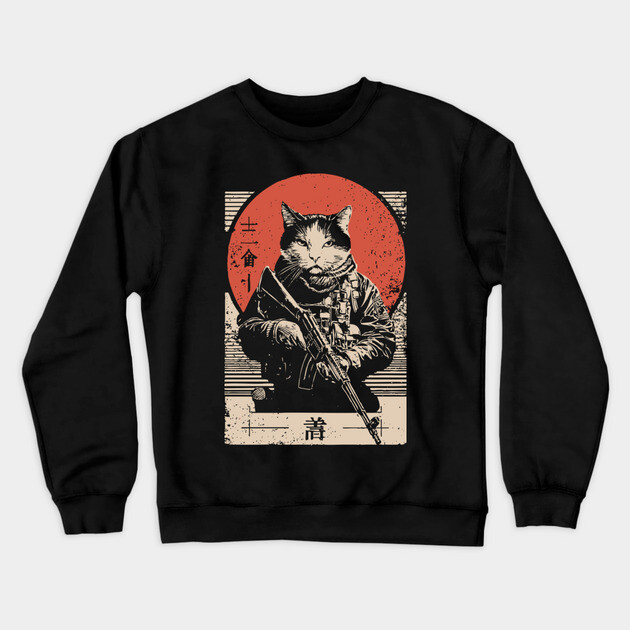 Samurai Sniper Cat Japanese Military Art Tactical Feline Poster Crewneck Sweatshirt by TuncGK