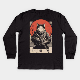 Samurai Sniper Cat Japanese Military Art Tactical Feline Poster Kids Long Sleeve T-Shirt