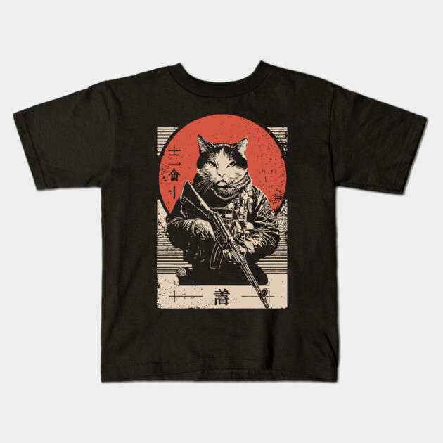 Samurai Sniper Cat Japanese Military Art Tactical Feline Poster Kids T-Shirt by TuncGK