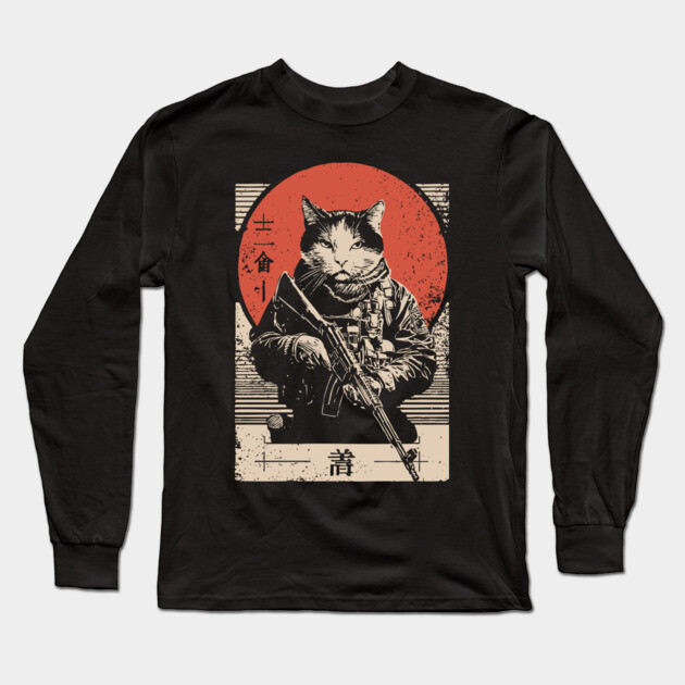 Samurai Sniper Cat Japanese Military Art Tactical Feline Poster Long Sleeve T-Shirt by TuncGK