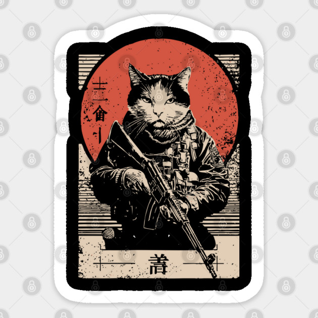 Samurai Sniper Cat Japanese Military Art Tactical Feline Poster Sticker by TuncGK