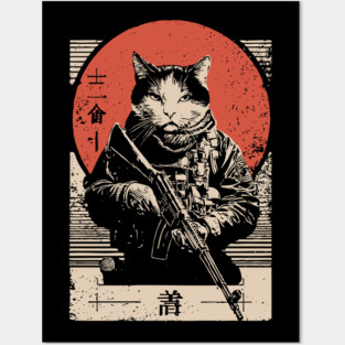 Samurai Sniper Cat Japanese Military Art Tactical Feline Poster Posters and Art