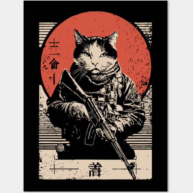 Samurai Sniper Cat Japanese Military Art Tactical Feline Poster Wall Art by TuncGK