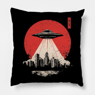 UFO Attack Japanese Propaganda Style Alien Invasion Poster Art Pillow