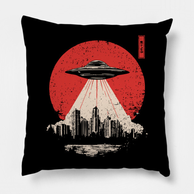 UFO Attack Japanese Propaganda Style Alien Invasion Poster Art Pillow by TuncGK