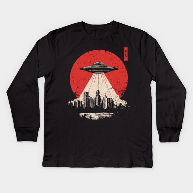 UFO Attack Japanese Propaganda Style Alien Invasion Poster Art Kids Long Sleeve T-Shirt by TuncGK