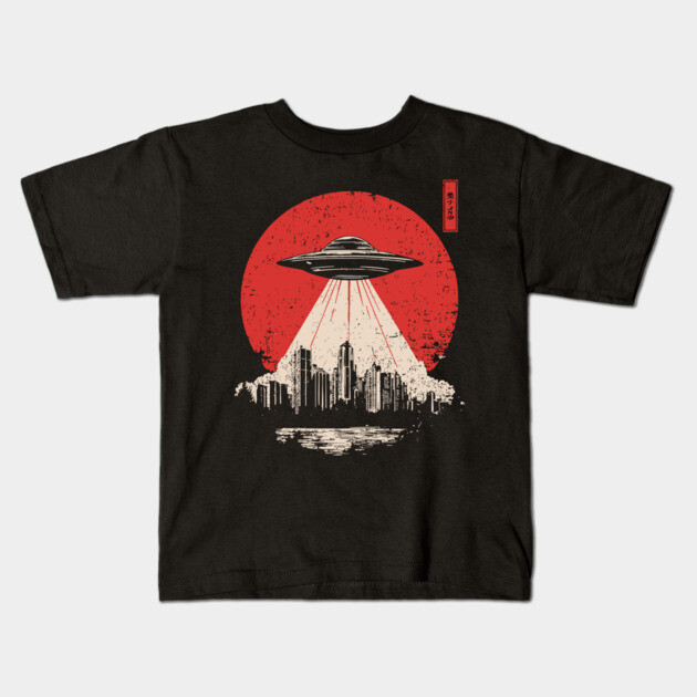 UFO Attack Japanese Propaganda Style Alien Invasion Poster Art Kids T-Shirt by TuncGK