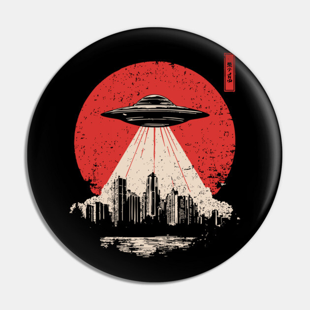 UFO Attack Japanese Propaganda Style Alien Invasion Poster Art Pin by TuncGK