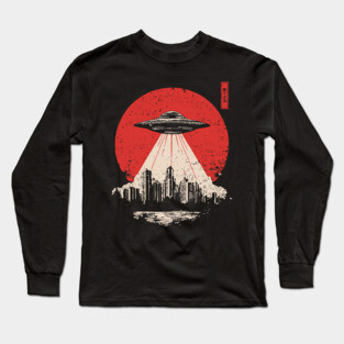 UFO Attack Japanese Propaganda Style Alien Invasion Poster Art Long Sleeve T-Shirt