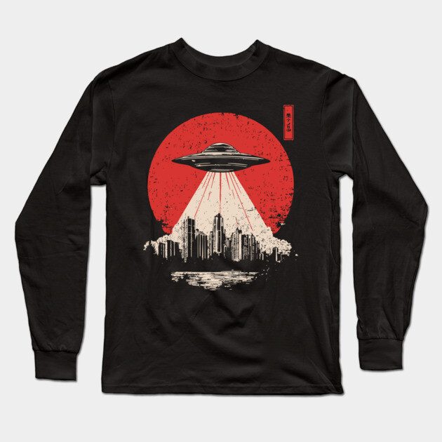 UFO Attack Japanese Propaganda Style Alien Invasion Poster Art Long Sleeve T-Shirt by TuncGK