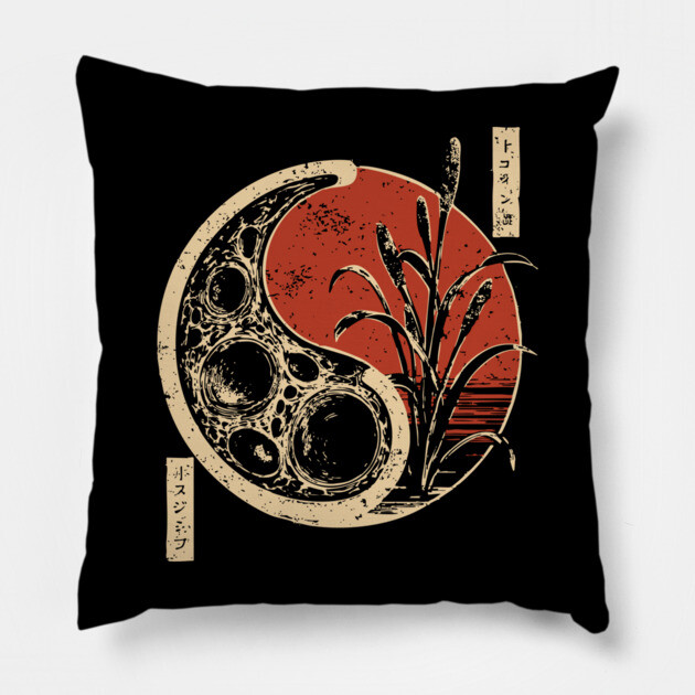 Japanese Yin Yang Bacteria Dark Art Print Vintage Biology Poster Pillow by TuncGK