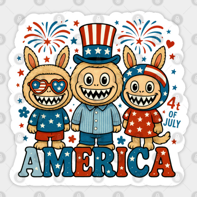 4th of July Funny Labubu Monster Doll America USA Flag Fourth of July 2025 Sticker by Tshirtiz