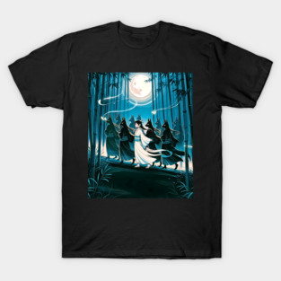 Enchanted Kitsune Parade in Bamboo Forest Under Full Moon T-Shirt
