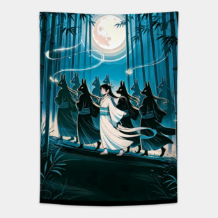 Enchanted Kitsune Parade in Bamboo Forest Under Full Moon Tapestry