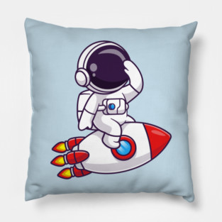 Cute Astronaut Confused On Rocket In Space Cartoon Pillow