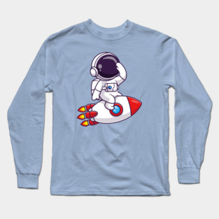 Cute Astronaut Confused On Rocket In Space Cartoon Long Sleeve T-Shirt