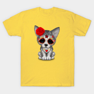 Red Day of the Dead Sugar Skull Wolf Cub T-Shirt