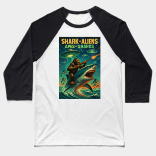 Shark vs Aliens Apes on Sharks - Creature Feature Retro Sci-Fi Baseball T-Shirt