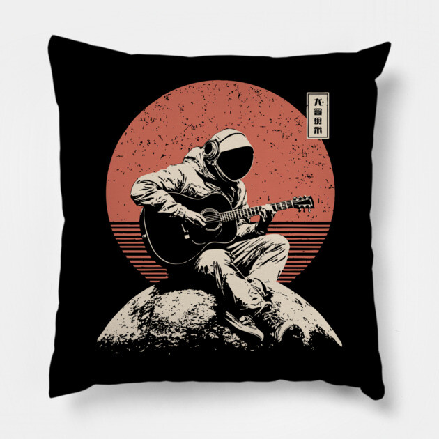 Space Astronaut Playing Guitar Japanese Retro Ukiyo-e Style Music Art Pillow by TuncGK