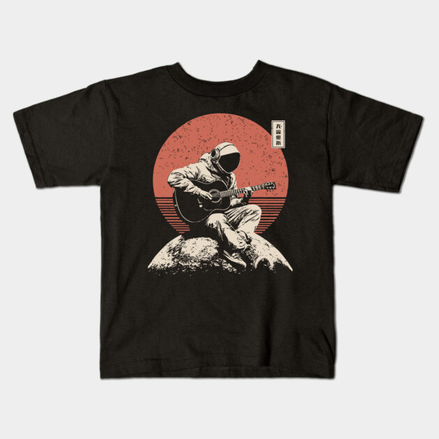 Space Astronaut Playing Guitar Japanese Retro Ukiyo-e Style Music Art Kids T-Shirt by TuncGK