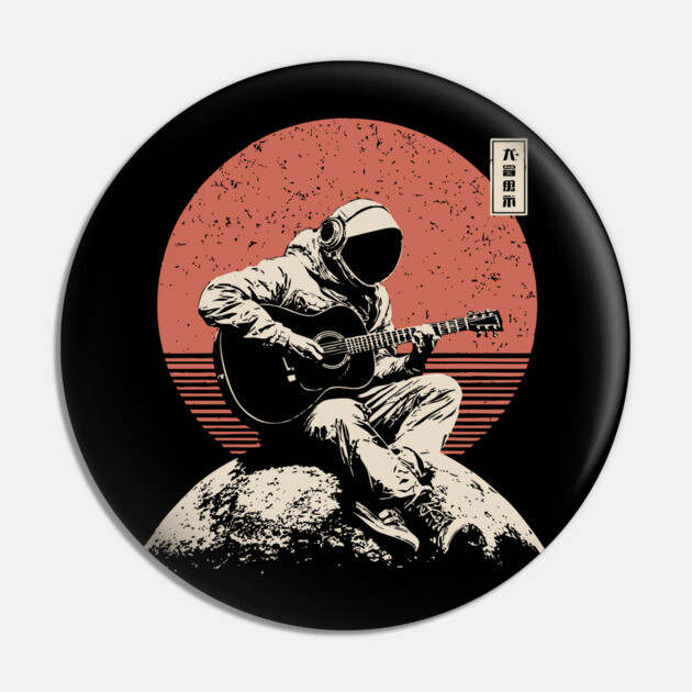 Space Astronaut Playing Guitar Japanese Retro Ukiyo-e Style Music Art Pin by TuncGK
