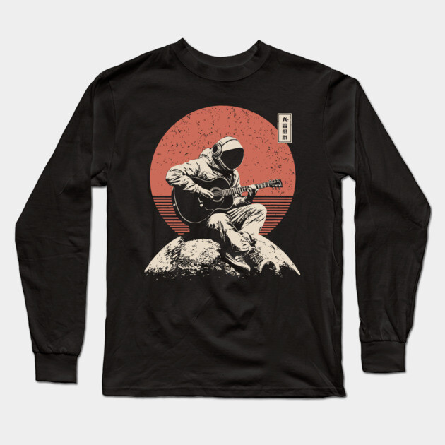 Space Astronaut Playing Guitar Japanese Retro Ukiyo-e Style Music Art Long Sleeve T-Shirt by TuncGK