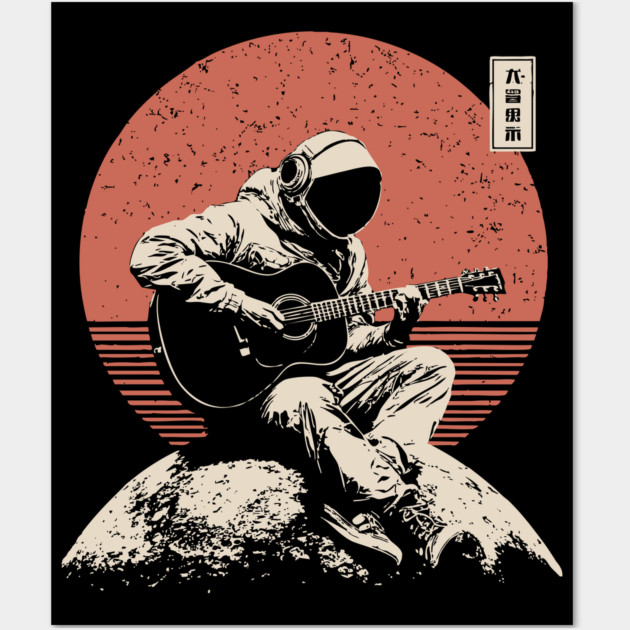 Space Astronaut Playing Guitar Japanese Retro Ukiyo-e Style Music Art Wall Art by TuncGK