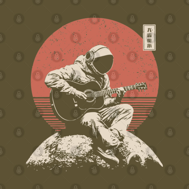 Space Astronaut Playing Guitar Japanese Retro Ukiyo-e Style Music Art by TuncGK