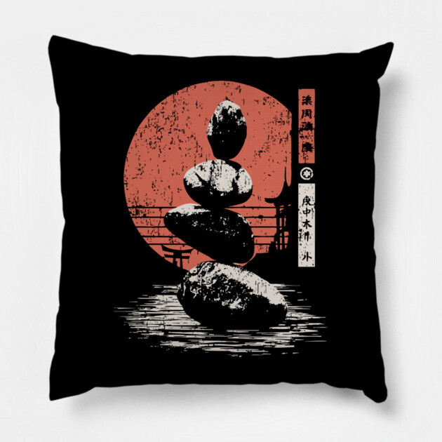 Zen Balance Stones Japanese Minimalist Meditation Ukiyo-e Art Design Pillow by TuncGK