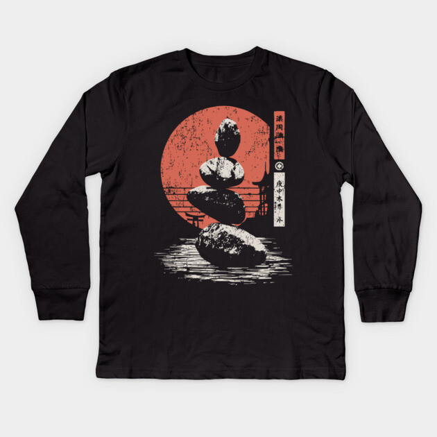 Zen Balance Stones Japanese Minimalist Meditation Ukiyo-e Art Design Kids Long Sleeve T-Shirt by TuncGK