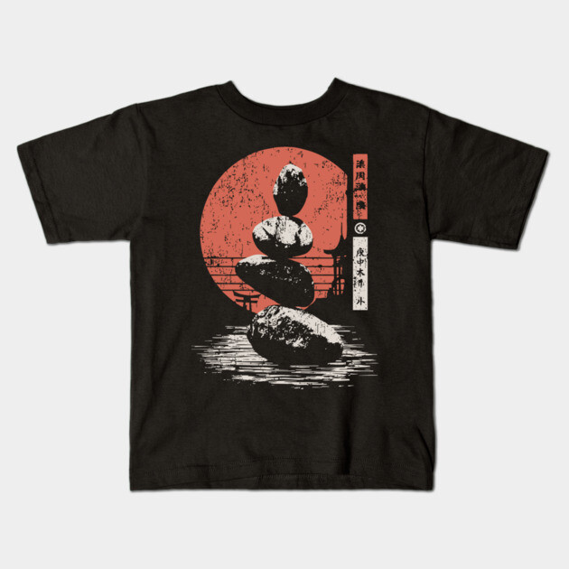 Zen Balance Stones Japanese Minimalist Meditation Ukiyo-e Art Design Kids T-Shirt by TuncGK
