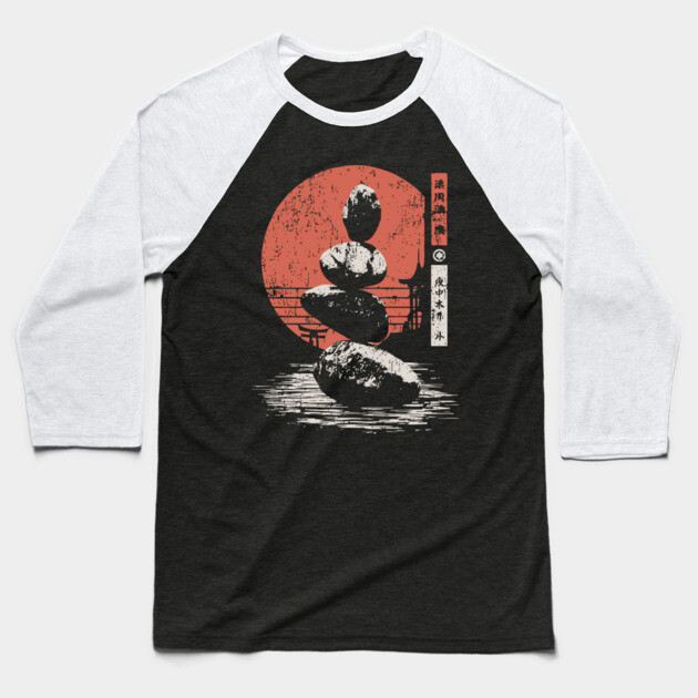 Zen Balance Stones Japanese Minimalist Meditation Ukiyo-e Art Design Baseball T-Shirt by TuncGK