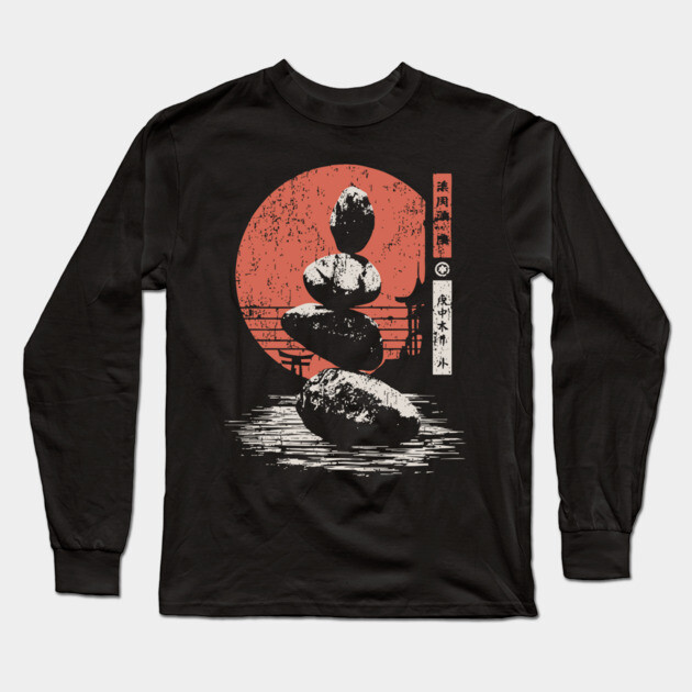 Zen Balance Stones Japanese Minimalist Meditation Ukiyo-e Art Design Long Sleeve T-Shirt by TuncGK