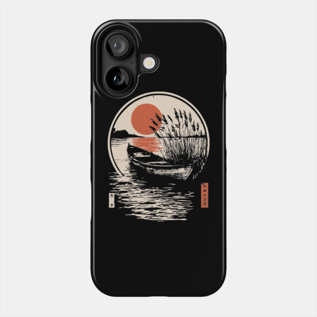 Peaceful Lake Boat Sunset Japanese Woodblock Fishing Nature Art Phone Case by TuncGK