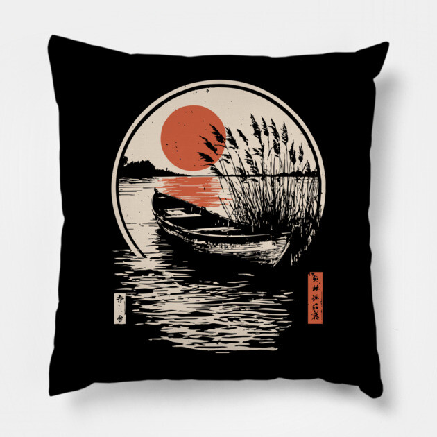 Peaceful Lake Boat Sunset Japanese Woodblock Fishing Nature Art Pillow by TuncGK
