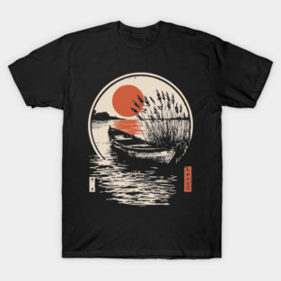 Peaceful Lake Boat Sunset Japanese Woodblock Fishing Nature Art T-Shirt