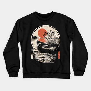 Peaceful Lake Boat Sunset Japanese Woodblock Fishing Nature Art Crewneck Sweatshirt