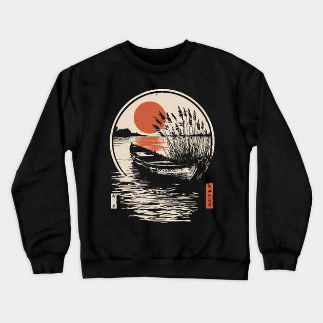 Peaceful Lake Boat Sunset Japanese Woodblock Fishing Nature Art Crewneck Sweatshirt by TuncGK
