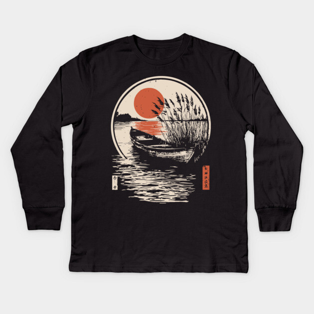 Peaceful Lake Boat Sunset Japanese Woodblock Fishing Nature Art Kids Long Sleeve T-Shirt by TuncGK