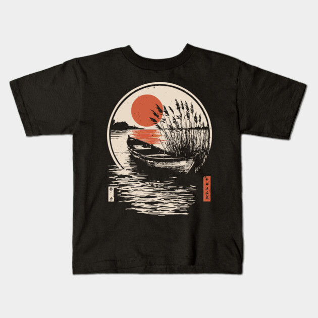 Peaceful Lake Boat Sunset Japanese Woodblock Fishing Nature Art Kids T-Shirt by TuncGK