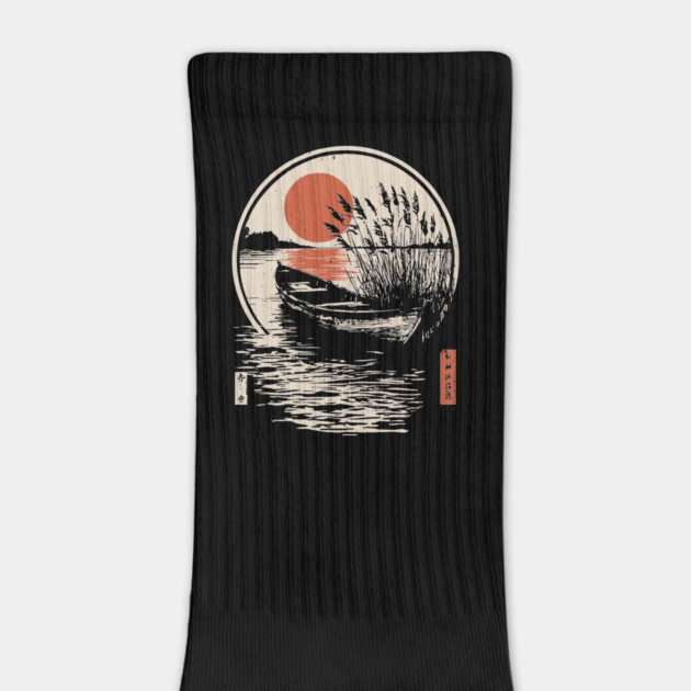 Peaceful Lake Boat Sunset Japanese Woodblock Fishing Nature Art by TuncGK